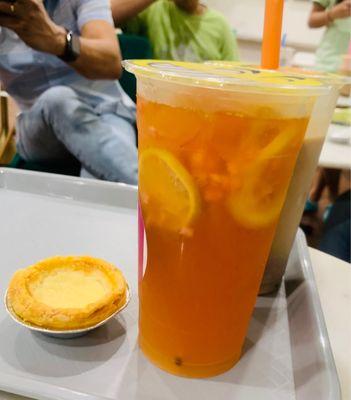 Super fruit green tea, with passion fruits jam and fruit chunks! And a freshly baked egg custard!