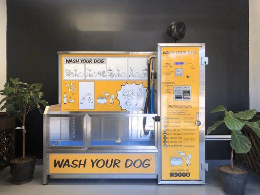 Cash or credit dog wash station with built-in shampoo, conditioner, tea tree oil flea & tick treatment and blow dryer