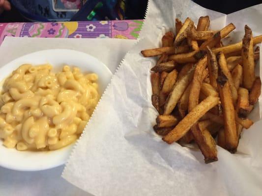 Mac and cheese and fresh cut fries.