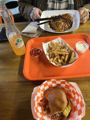 Chili Cheese Burger, Cabin Burger and French Fries