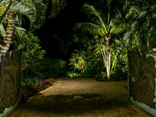 Greet your family and guests with the secure and welcoming feel outdoor lighting adds to the gated entrance and driveways.