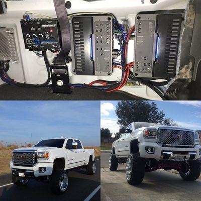 JL audio speaker and amplifier upgrade for this 2016 lifted GMC Sierra. Audio Control LC7i and THREE.2 equalizer ensure best possible sound