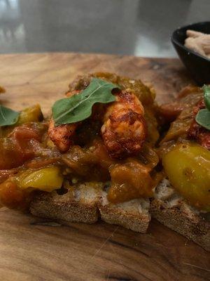 Schoolteacher shrimp toast. Good flavors and spices.