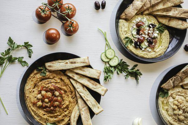 Hummus: Roasted Red Pepper, Garlic & Greek Style