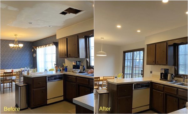 Kitchen - removed wallpaper, patched ceiling hole, painted ceiling & walls, replaced pendant light