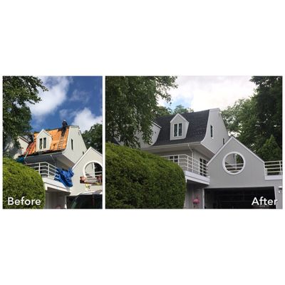 Partial roof replacement using GAF shingles in Port Washington, NY. Yes we we even do steep and high roofs!