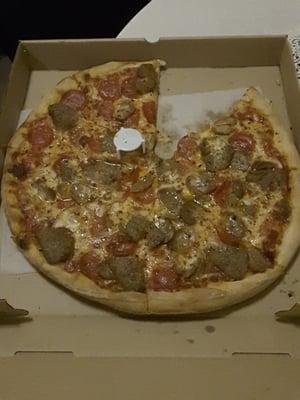 Pepperoni, meatballs, and sausage pizza.