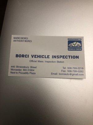 Borci Vehicle Inspection business card