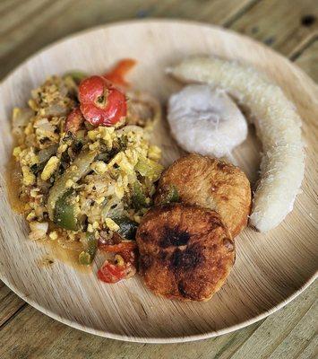 Ackee & Palm-ish w/ fried Dumpling & Boiled Green Banana, Sliced Avocado and Sweet Plantain