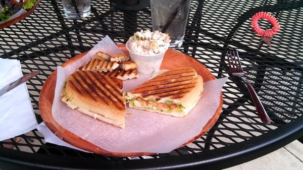 Chicken pesto Panini out on the patio.