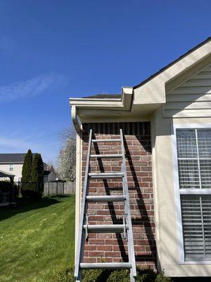 Spikes and ferrals missing. Hidden hangers installed to pull gutter back up for normal drainage.