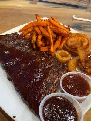 Ribs, sweet potato fries, & onion rings