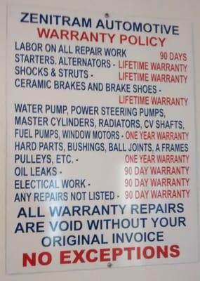 shop sign displaying warranys on work.