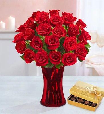 Red Roses with Vase and a box of Chocolate