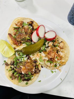 El Pastor, Grilled Shrimp, and Carne Asada Tacos