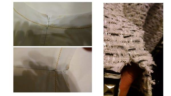 Rust stains on white dress, Tear on seam of jacket