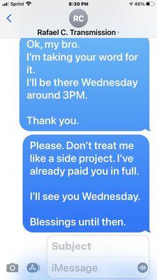 Text message between me and the business.