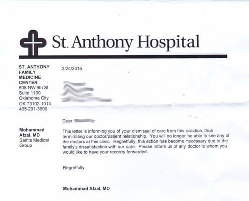 If you complain this is what ' St. Anthony Family Medicine  Center ' will send you in the mail ...