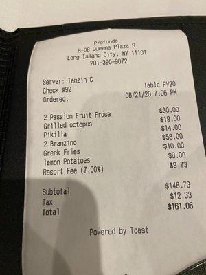 Bill with a resort fee of %7=almost $10