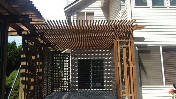 New pergola/deck cover/deck/benches/planters. All custom cedar. Redmond.