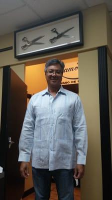 Light blue long sleeve guayabera in Japanese linen.