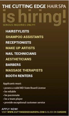 The Cutting Edge Hair Spa is hiring Booth Renters