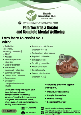 Reach out today to start your path to better mental health. 
  Contact: 614-740-8173
  Website: https://my-group466286.clientsecure.me/