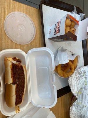 Dearborn chili hot dog, onion rings & cheese curds