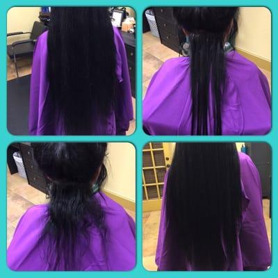 Top & Bottom left; before. Top right; after only one row of itip extension. Bottom right; after. Extensions desired only for fullness.