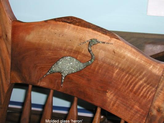 Heron under construction. Claro Walnut with the glass inlay heron.