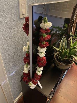 Red and white graduation flower arrangement