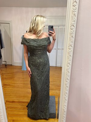 Olive Green Mother of the bride dress at Elizabeth Ann's Just for Moms. Schedule your appointment today !