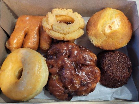 Bear claw, apple  fritter, bran & banana muffin, glazed and  old fashioned donuts