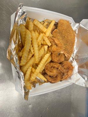 Fry Fish & Shrimp Basket with a side of Seasoned Fries  Order your basket today and receive 10% off your order