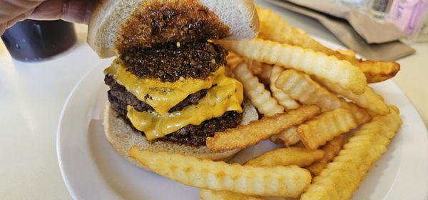 Double chili cheeseburger with fries. I enjoyed it.