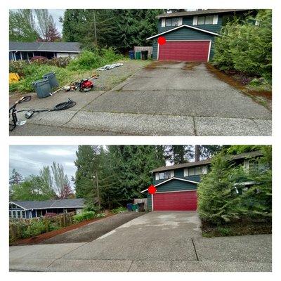 Pressure washing Drive way  and right side of the house cleaning and bark installation.