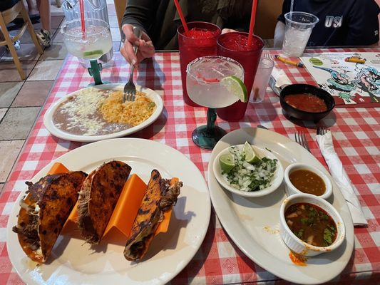 Birria Tacos, Sweet Plantains, Rice and Beans and their famous Margaritas!!