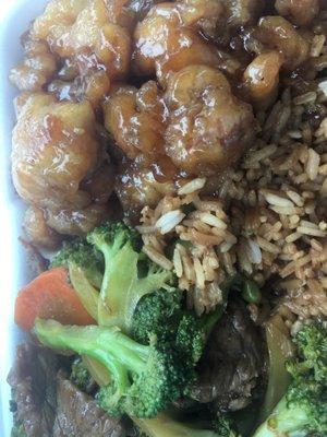 Rice, beef & broccoli, general tso chicken.