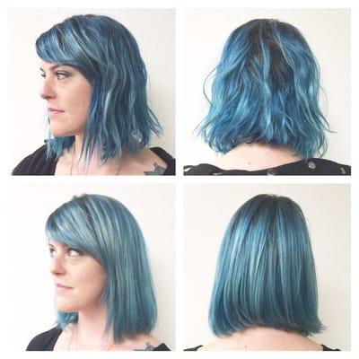 Blue Hair, Cut and Brazilian Blowout to seal the color in as well as make her hair much more manageable