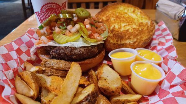 Burger, fries, condiments.