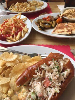 "Lobster roll" which is krab meat. Bread was delicious! Hummus plate and fries were good.