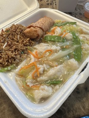 Chicken chow mein, pork fried rice and an egg roll. Excellent flavor!