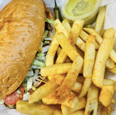 Asada Torta and Crispy Fries