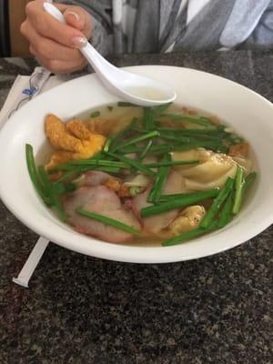 Wonton soup, clear broth , good and large portion with fried wonton and chaxiu pork