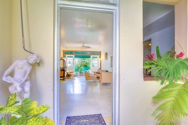 Foyer of the spacious lobby, which exits unto private garden