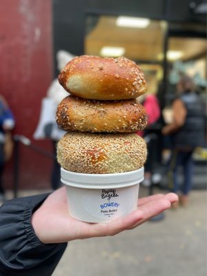 ig: @whatsviveating  | salt, everything, and sesame bagels and pesto butter schmear