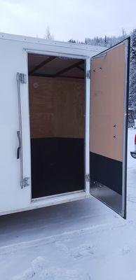 Door view of Bulletliner install on snowmachine/atv trailer.