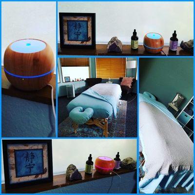 Cozy, comfy relaxing massage room with essential oils and a table warmer to your comfort!