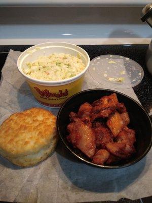 Boneless Roasted chicken bites and Cole slaw and Biscuits