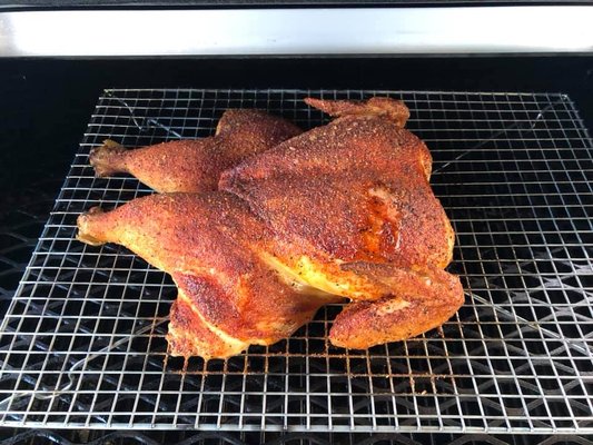 Smoked Chicken rubbed with Harvest Moon Cosmic Dust Florida Heat Rub